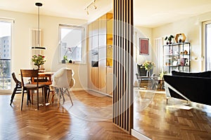 Stylish scandinavian open space interior of kitchen and dining room with design family table and chairs and other kitchen.