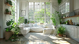 Stylish scandinavian studio light pastels, large window, combined living, kitchen, bed