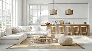 Stylish scandinavian studio light pastels, spacious window, combined living, kitchen, bed