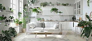 Stylish scandinavian studio light pastels, spacious window, combined living, kitchen, bed