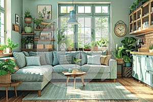 Stylish scandinavian studio light pastels, spacious window, combined living, kitchen, bed area