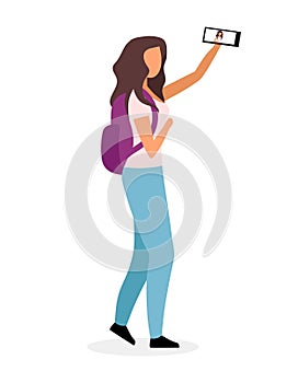 Stylish school girl taking selfie flat vector illustration. Modern teenage video blogger, vlogger cartoon character isolated on
