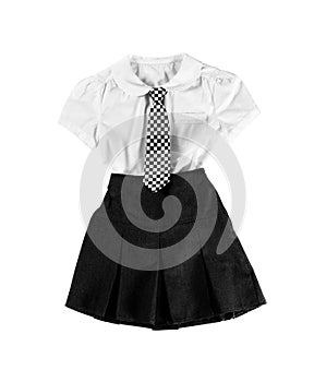 Stylish school uniform for girl on white background, top view