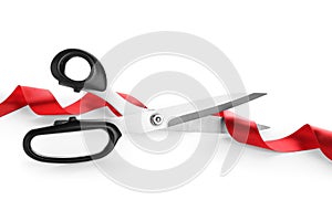 Stylish scissors and red ribbon. Ceremonial tape cutting