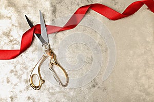 Stylish scissors and red ribbon on color background, flat lay. Ceremonial tape cutting