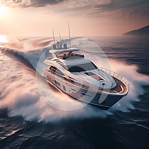A stylish sea yacht with a streamlined shape cuts through water surface of the sea