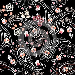 Stylish seamless ethnic pattern with paisley and flowers on black background. Damask, persian, turkish, indian motifs