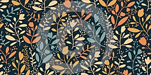 Stylish seamless floral pattern. Nature - flowers, leaves, twigs and berries. Abstract vector color print.