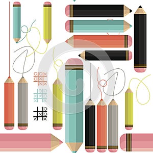 Stylish seamless pattern with colorful pencils and lines