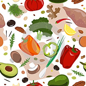 Stylish Seamless pattern with hand drawn red and green vegetables. Flat pepper, tomato, broccoli, onion, mushrooms, yam