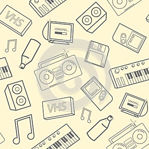 Stylish seamless pattern with old school attributes, electronic devices and music instruments on yellow background. Back