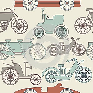 Stylish seamless pattern with vintage cars and bikes