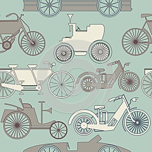 Stylish seamless pattern with vintage cars and bikes