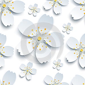 Stylish seamless pattern with white sakura flowers