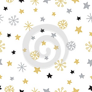 Stylish seamless snowflake pattern. Vector background with hand drawn snowflakes and spots in pastel colors