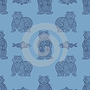 Stylish seamless texture with doodled Baikal bear and omul