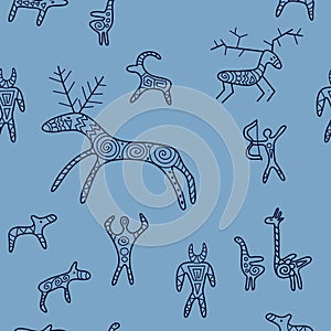 Stylish seamless texture with doodled Baikal petroglyphs