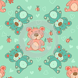 Stylish seamless texture with doodled cartoon bear