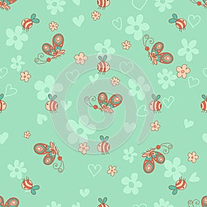 Stylish seamless texture with doodled cartoon butterfly and bee