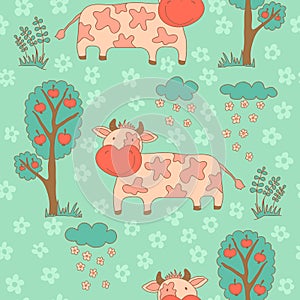 Stylish seamless texture with doodled cartoon cow photo