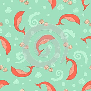 Stylish seamless texture with doodled cartoon dolphin