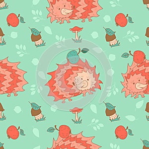 Stylish seamless texture with doodled cartoon hedgehog