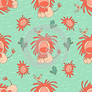 Stylish seamless texture with doodled cartoon lion