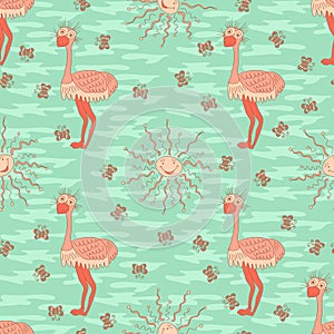 Stylish seamless texture with doodled cartoon ostrich