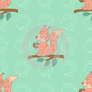 Stylish seamless texture with doodled cartoon squirrel photo
