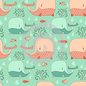Stylish seamless texture with doodled cartoon whale photo