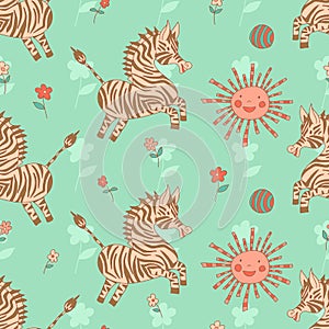 Stylish seamless texture with doodled cartoon zebra