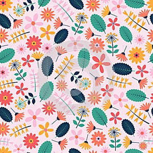 Stylish seamless vector floral ditsy pattern design of fall color flowers & leaves. Trendy autumn foliage texture background