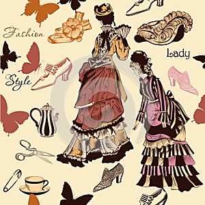 Stylish seamless wallpaper pattern with old- fashioned woman