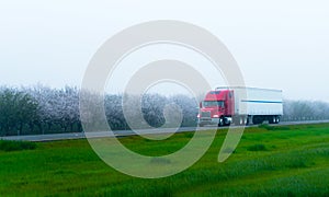 Stylish semi truck and trailer on highway with blooming trees