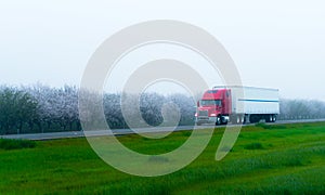 Stylish semi truck and trailer on highway with blooming trees photo