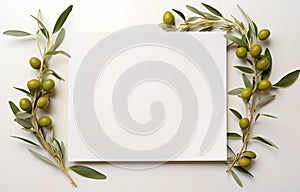 Stylish setting wedding table with place card with olive branch and eucalyptus leaves on white tablecloth