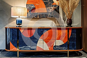 stylish sideboard decorated in a colorful style in the interior
