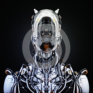 Stylish silver cyborg with visible brain in head, 3d illustration