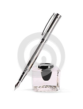 Stylish silver fountain pen and inkwell isolated on white
