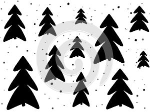 Stylish simple black christmas trees and snow on white background. Hand drawn illustration. Modern greeting card. Happy holidays.