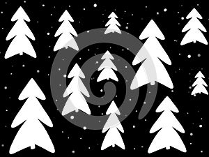 Stylish simple white christmas trees and snow on black background. Hand drawn illustration. Modern greeting card. Happy holidays.