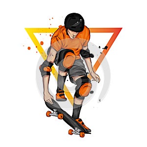 A stylish skater with glasses, a vest and trousers. Street sports. Vector illustration for a postcard or a poster, print.