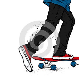 Stylish skater in jeans and sneakers. Skateboard. Vector illustration for a postcard or a poster, print for clothes.