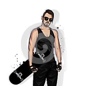 Stylish skater in jeans and sneakers. Skateboard. Vector illustration for a postcard or a poster, print for clothes.