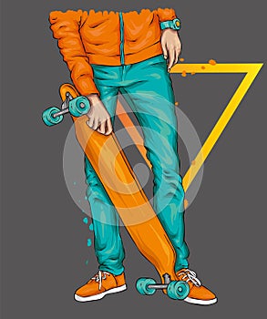 Stylish skater in jeans and sneakers. Skateboard. Vector illustration for a postcard or a poster, print for clothes.