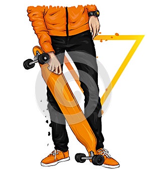 Stylish skater in jeans and sneakers. Skateboard. Vector illustration for a postcard or a poster, print for clothes.