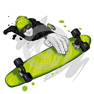 Stylish skater in jeans and sneakers. Skateboard. Vector illustration for a postcard or a poster, print for clothes.