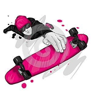 Stylish skater in jeans and sneakers. Skateboard. Vector illustration for a postcard or a poster, print for clothes.