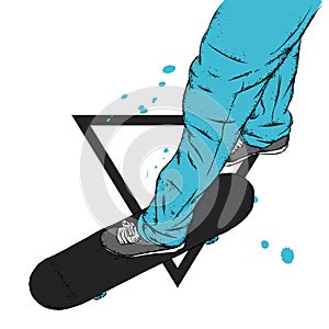 Stylish skater in jeans and sneakers. Skateboard. Vector illustration for a postcard or a poster, print for clothes.