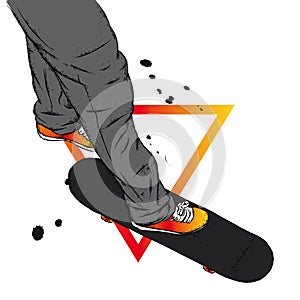 Stylish skater in jeans and sneakers. Skateboard. Vector illustration for a postcard or a poster, print for clothes.